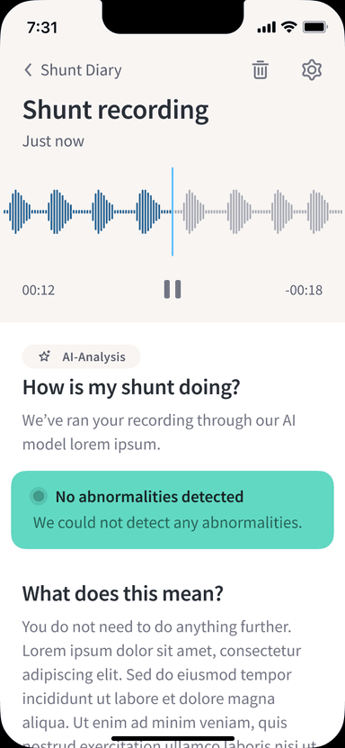 ShuntWizard app — Result detail showing healthy/no abnormalities status