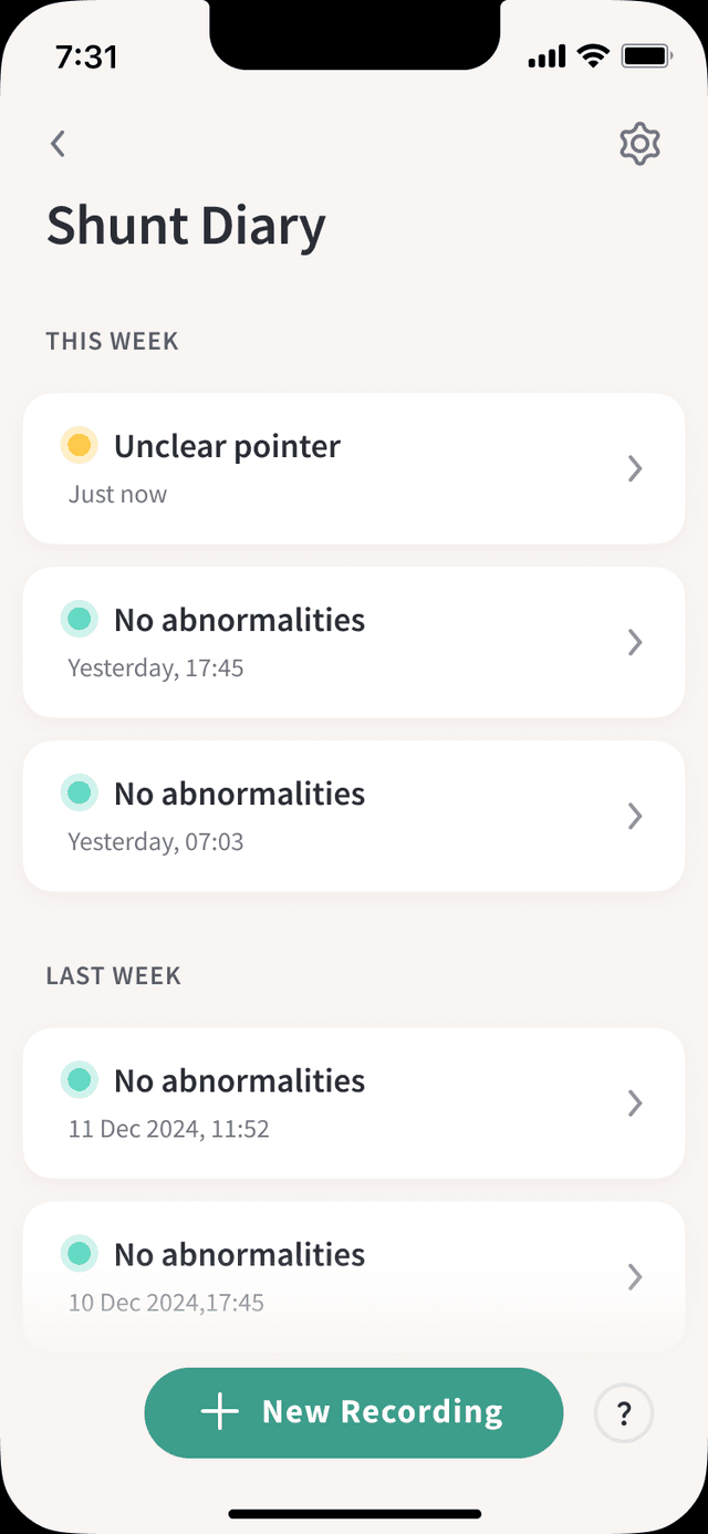 ShuntWizard app showing shunt diary home screen with monitoring results